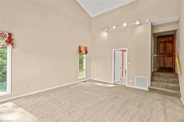 spare room with high vaulted ceiling and light colored carpet