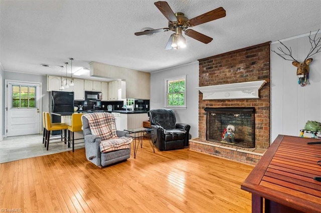 4515 Gilmore Dr, Liberty, NC 27298 - living room featuring healthy amount of natural light, light wood-type flooring, ceiling fan, a textured ceiling, and crown molding