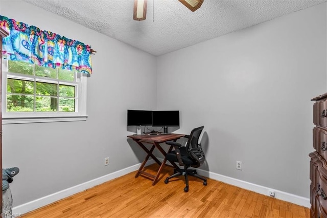 4515 Gilmore Dr, Liberty, NC 27298 - office featuring baseboards, a textured ceiling, light wood finished floors, and a ceiling fan
