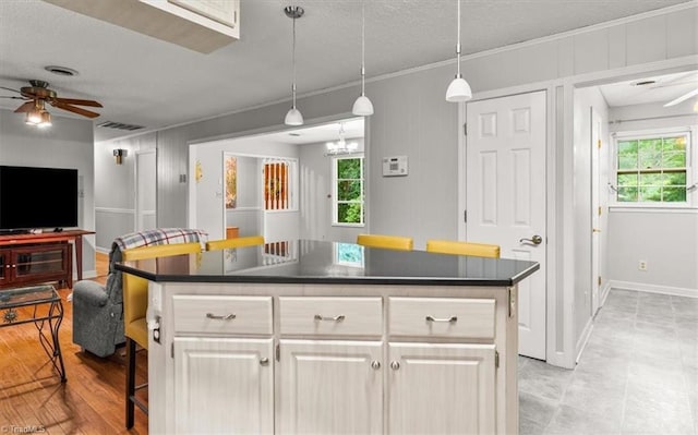 4515 Gilmore Dr, Liberty, NC 27298 - kitchen with dark countertops, ceiling fan, a textured ceiling, plenty of natural light, and ornamental molding