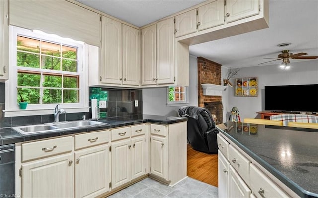 4515 Gilmore Dr, Liberty, NC 27298 - kitchen featuring a sink, open floor plan, dark countertops, and ceiling fan