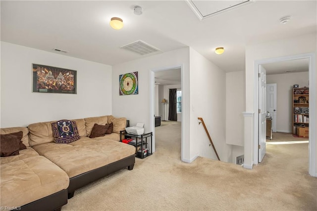 living room featuring light carpet