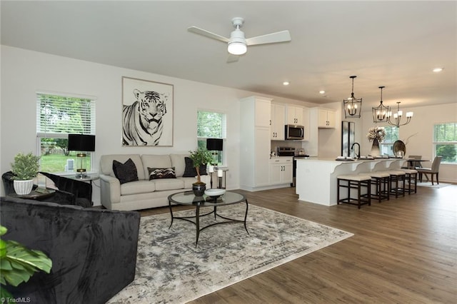6021 Crestridge Ln Unit 1003, Winston-Salem, NC 27105 - living area with a ceiling fan, wood finished floors, recessed lighting, and a chandelier