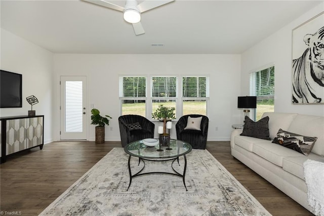 6021 Crestridge Ln Unit 1003, Winston-Salem, NC 27105 - living room featuring dark wood-type flooring and ceiling fan
