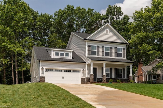 6021 Crestridge Ln Unit 1003, Winston-Salem, NC 27105 - craftsman inspired home with a porch, driveway, an attached garage, a front lawn, and stone siding