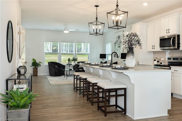 6021 Crestridge Ln Unit 1003, Winston-Salem, NC 27105 - kitchen with appliances with stainless steel finishes, dark wood finished floors, a ceiling fan, a center island with sink, and white cabinetry