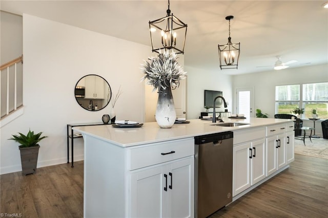 6021 Crestridge Ln Unit 1003, Winston-Salem, NC 27105 - kitchen with dishwasher, ceiling fan, dark wood-style floors, a center island with sink, and a chandelier