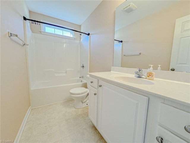 full bathroom with visible vents, shower / washtub combination, vanity, and toilet