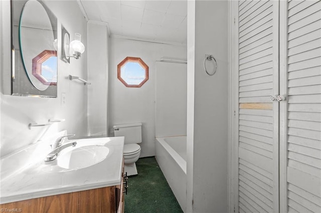 full bathroom with vanity, shower with separate bathtub, and toilet