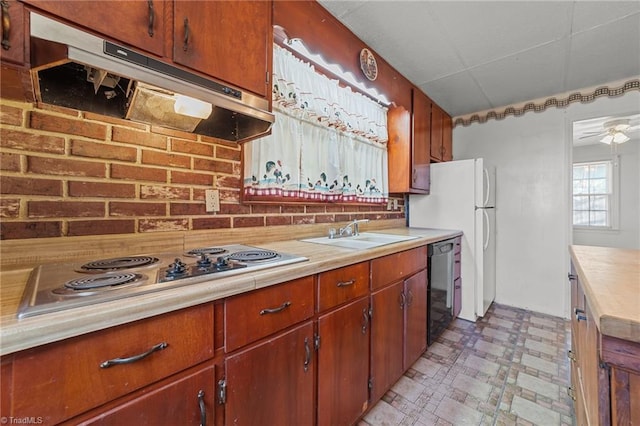 kitchen with electric stovetop, black dishwasher, sink, and ceiling fan