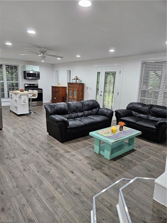 living room featuring light wood-type flooring, plenty of natural light, and ceiling fan