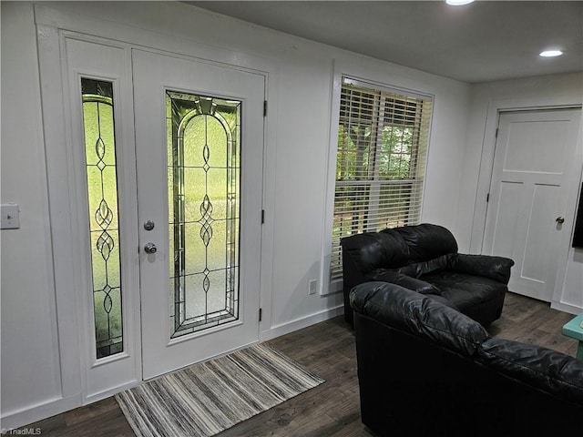 foyer with a healthy amount of sunlight and dark hardwood / wood-style flooring