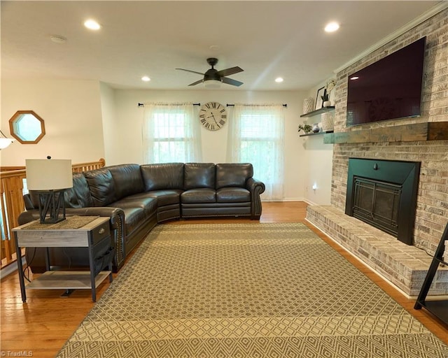 6130 Narrow Way Ln, Winston-Salem, NC 27105 - living area featuring ceiling fan, wood finished floors, a fireplace, and recessed lighting