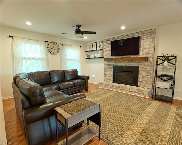 6130 Narrow Way Ln, Winston-Salem, NC 27105 - living area with ceiling fan, baseboards, wood finished floors, a fireplace, and recessed lighting