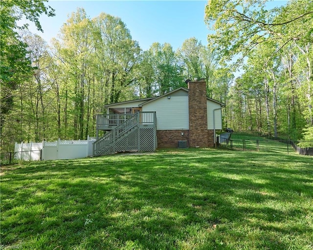6130 Narrow Way Ln, Winston-Salem, NC 27105 - rear view of house featuring stairs, a chimney, a wooden deck, and central air condition unit
