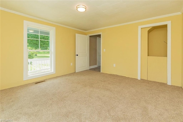 spare room with carpet flooring and crown molding