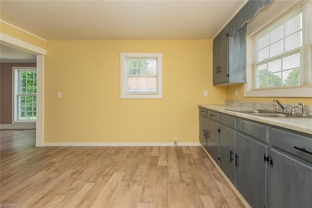 kitchen featuring gray cabinetry, sink, a healthy amount of sunlight, and light hardwood / wood-style flooring