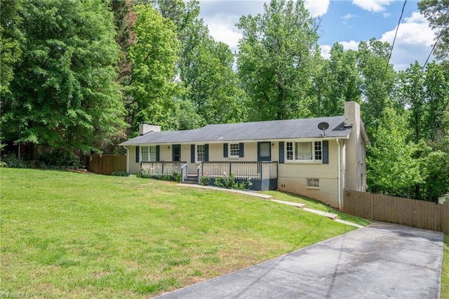 228 Barlow Cir, Winston-Salem, NC 27105 - ranch-style house with a chimney, covered porch, and brick siding