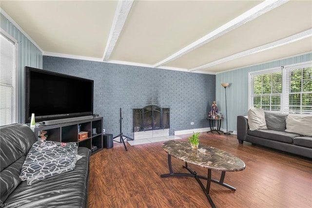 228 Barlow Cir, Winston-Salem, NC 27105 - living room with wood finished floors, a fireplace, ornamental molding, and beam ceiling