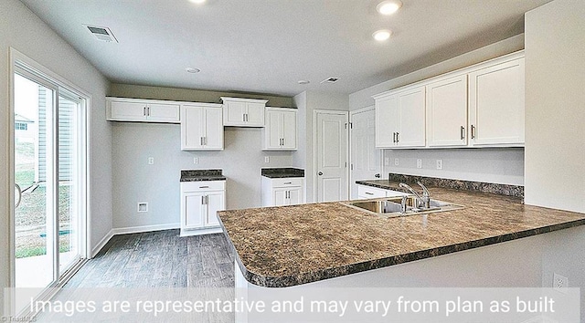 kitchen with white cabinets, kitchen peninsula, sink, and wood-type flooring