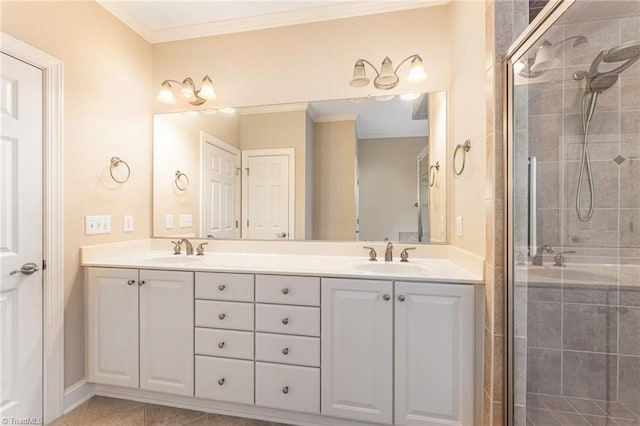 bathroom featuring a shower with door, ornamental molding, vanity, and tile patterned floors