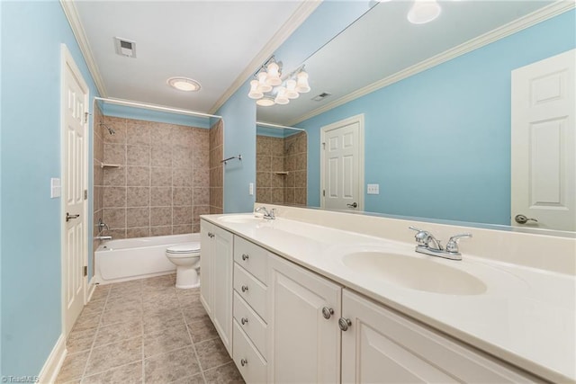 full bathroom with tiled shower / bath combo, ornamental molding, vanity, toilet, and tile patterned floors