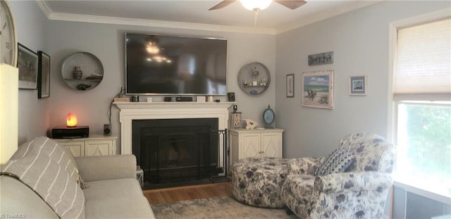 2007 Kildare Woods Dr, Greensboro, NC 27407 - living area with wood finished floors, a ceiling fan, crown molding, and a fireplace