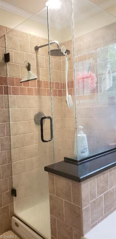2007 Kildare Woods Dr, Greensboro, NC 27407 - full bath with a shower stall, crown molding, and a baseboard radiator
