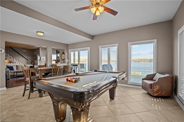 rec room with ceiling fan, billiards, and light tile patterned floors