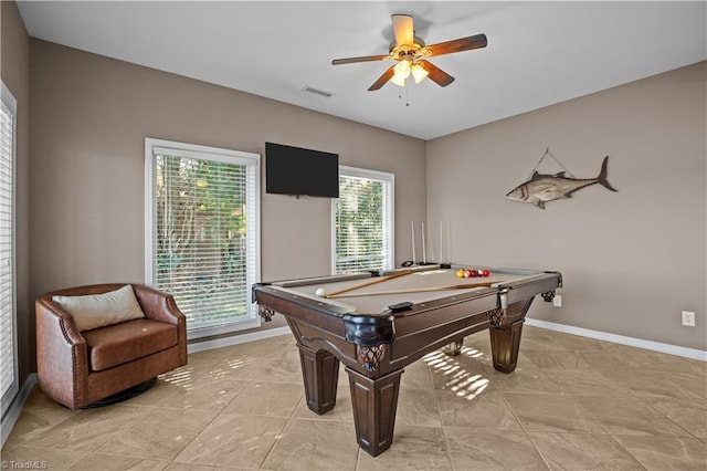 playroom with ceiling fan, light tile patterned floors, and pool table