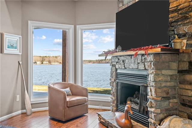 sitting room with a fireplace and light hardwood / wood-style floors