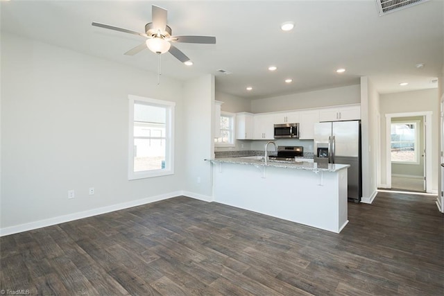 kitchen featuring white cabinetry, light stone counters, kitchen peninsula, stainless steel appliances, and a healthy amount of sunlight