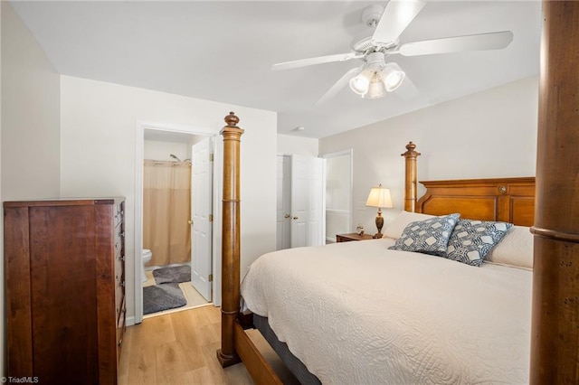 3972 Creekside Ct, Winston-Salem, NC 27127 - bedroom featuring light wood-type flooring, ensuite bathroom, and a ceiling fan