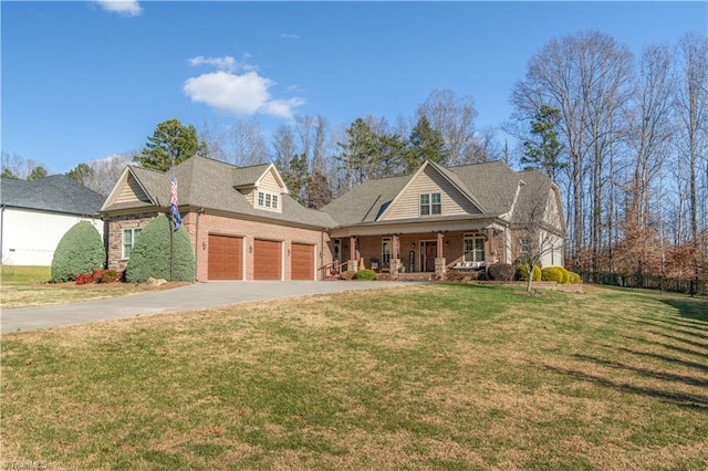 cape cod house with a garage, a porch, and a front yard