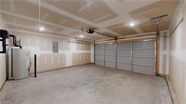 garage with electric panel, a garage door opener, and water heater