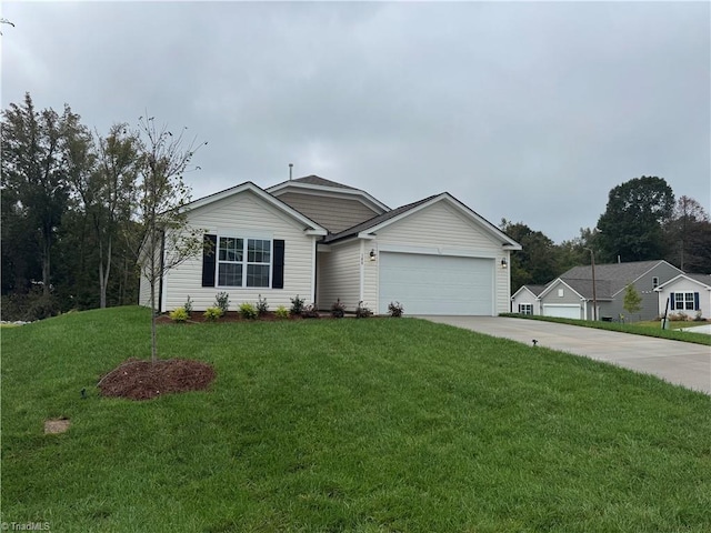 single story home with a garage and a front lawn