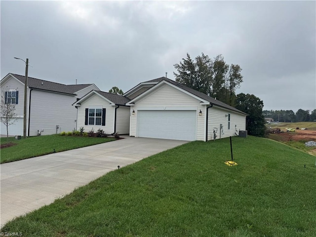 ranch-style home with a front lawn, central AC unit, and a garage