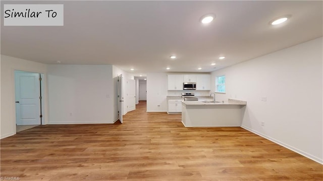 kitchen featuring kitchen peninsula, stainless steel appliances, white cabinetry, and light hardwood / wood-style flooring