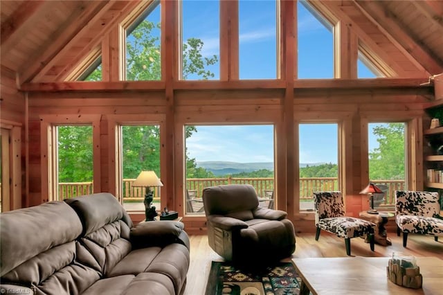 650 Sweetwater Rd, Boomer, NC 28606 - living room with high vaulted ceiling, wood finished floors, wooden walls, healthy amount of natural light, and a mountain view