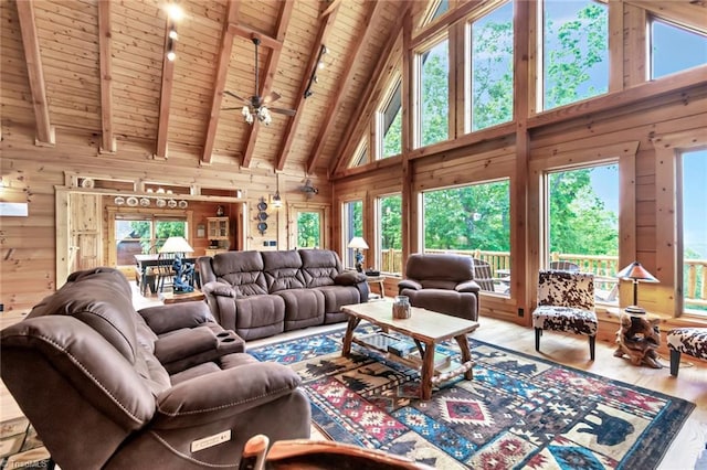 650 Sweetwater Rd, Boomer, NC 28606 - living room featuring wooden ceiling with exposed beams, wood walls, high vaulted ceiling, wood finished floors, and plenty of natural light