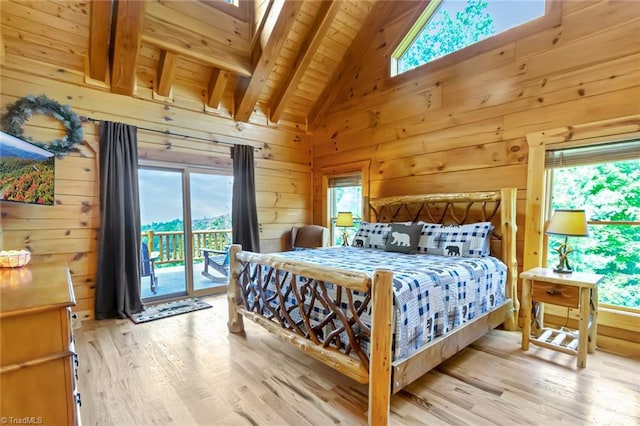 650 Sweetwater Rd, Boomer, NC 28606 - bedroom with access to outside, wood ceiling with exposed beams, wood walls, wood finished floors, and high vaulted ceiling
