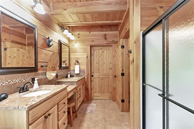 650 Sweetwater Rd, Boomer, NC 28606 - full bath featuring wooden walls, wood ceiling with exposed beams, backsplash, two vanities, and a shower with door