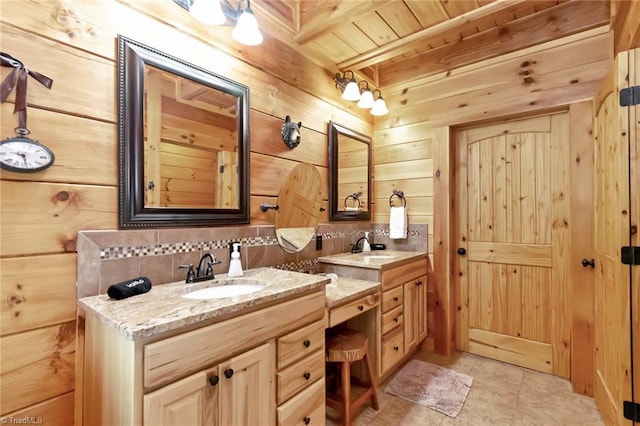 650 Sweetwater Rd, Boomer, NC 28606 - full bathroom featuring decorative backsplash, wood walls, vanity, wood ceiling with exposed beams, and tile patterned floors