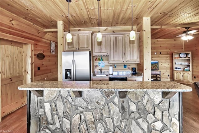 650 Sweetwater Rd, Boomer, NC 28606 - kitchen featuring stainless steel fridge with ice dispenser, wooden ceiling, dark wood-style flooring, a ceiling fan, and a kitchen bar