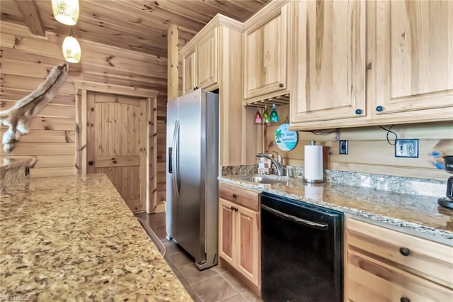 650 Sweetwater Rd, Boomer, NC 28606 - kitchen with black dishwasher, stainless steel fridge with ice dispenser, a sink, wooden ceiling, and light brown cabinetry