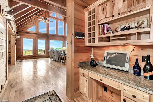 650 Sweetwater Rd, Boomer, NC 28606 - bar area with ceiling fan, wood finished floors, and wooden walls