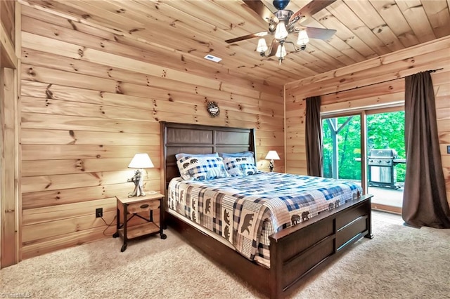 650 Sweetwater Rd, Boomer, NC 28606 - bedroom featuring access to exterior, carpet, wood ceiling, wooden walls, and ceiling fan
