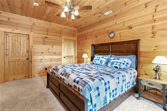650 Sweetwater Rd, Boomer, NC 28606 - bedroom featuring wood walls, wood ceiling, a ceiling fan, and carpet floors