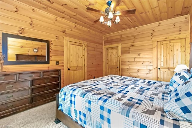 650 Sweetwater Rd, Boomer, NC 28606 - bedroom featuring light colored carpet, wood ceiling, a ceiling fan, wood walls, and a closet
