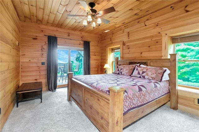 650 Sweetwater Rd, Boomer, NC 28606 - bedroom with light colored carpet, access to outside, wooden walls, wooden ceiling, and a ceiling fan